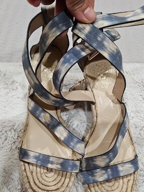 Vince Camuto Blue and Cream Strappy Espadrille Wedges